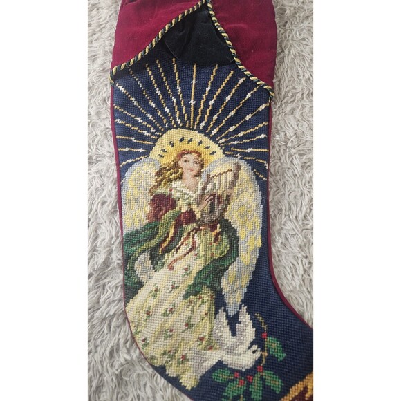 Vintage Large Needlepoint Christmas Stocking Wool Velvet Angel Harp Dove - Picture 2 of 10